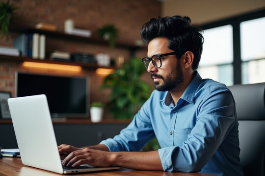 Focused young man working on laptop in cozy home office, ideal for remote work,ancing, or studying.