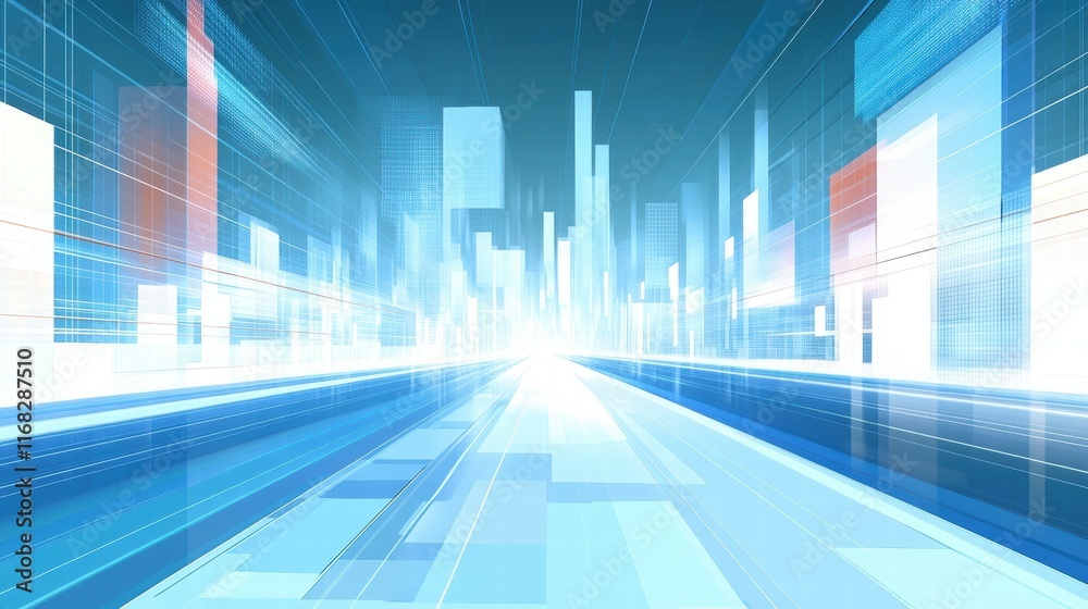Poster abstract digital cityscape with motion blur, conveying speed and technology.