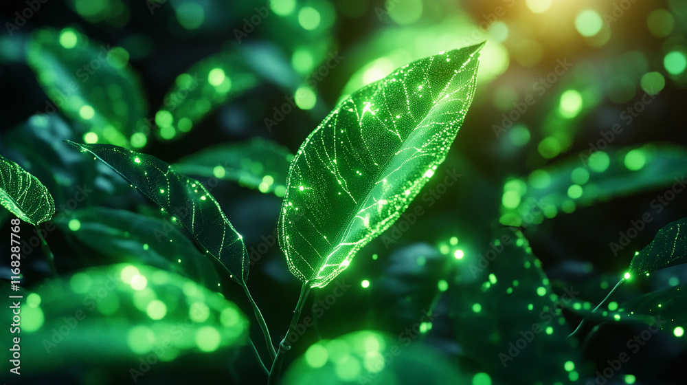 Poster futuristic glowing finance algorithm data visualized through digital leaves. generative ai
