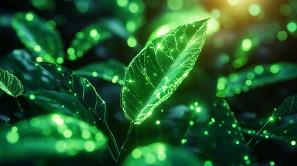 Futuristic glowing finance algorithm data visualized through digital leaves. Generative AI