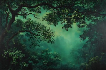Aerial view of a tropical rainforest canopy with mist rising 