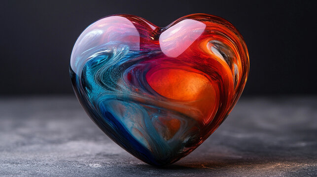 Vibrant glass heart in swirling red blue orange patterns symbolizing love passion energy and creativity artistic chaos with open caption space on the side perfect for bold statements

