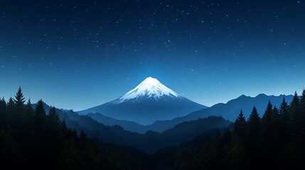 Fototapeta premium A Majestic Snow-Capped Mountain Rising Above the Dark Forest Landscape Under a Clear Sky