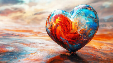 Vibrant glass heart in swirling red blue orange patterns symbolizing love passion energy and creativity artistic chaos with open caption space on the side perfect for bold statements

