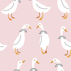 ducks with polka dots black white bows seamless pattern , vector , illustration