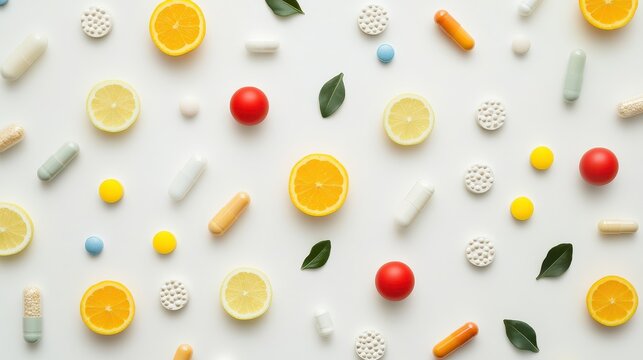 Stylish flat lay of various health supplements and vitamins on a clean, white background for a wellness brand ad