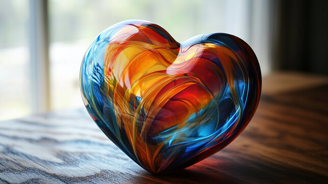 Vibrant glass heart in swirling red blue orange patterns symbolizing love passion energy and creativity artistic chaos with open caption space on the side perfect for bold statements

