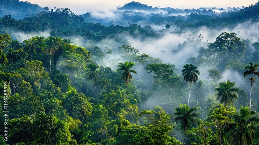 Wall mural a misty morning in a dense forest with sunlight filtering through the fog, creating a serene and cal