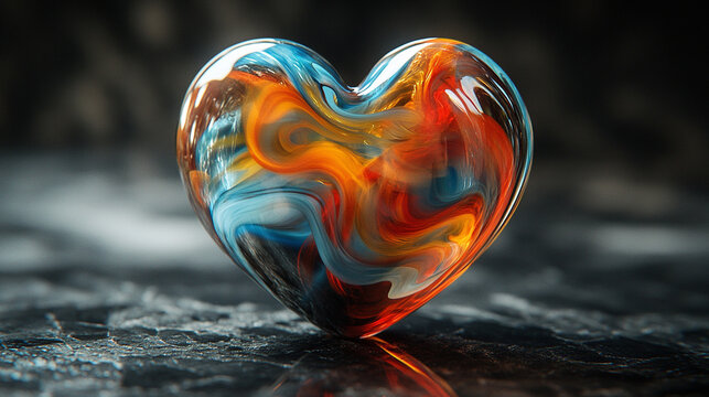 Vibrant glass heart in swirling red blue orange patterns symbolizing love passion energy and creativity artistic chaos with open caption space on the side perfect for bold statements

