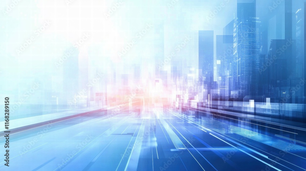 Poster a futuristic cityscape with abstract lines and light effects, conveying speed and innovation.