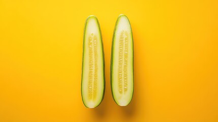 Two halved zucchini on yellow background.