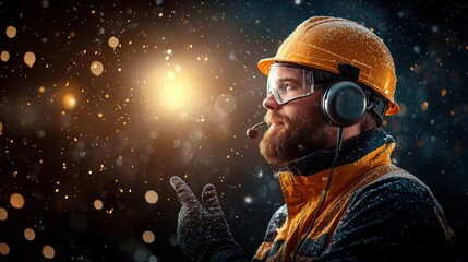 Offshore drilling engineer gesturing with headset during snowy night shift at oil rig capturing commitment and communication in challenging conditions