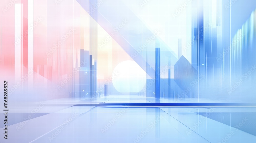 Poster a futuristic, abstract landscape with soft colors and geometric shapes suggesting a digital environm