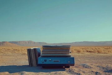 A vintage record player with stacks of vinyl records sits in a desolate desert landscape under a clear sky.