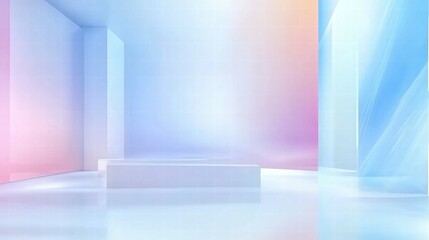 A serene, abstract space with soft pastel colors and smooth surfaces.