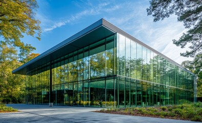Modern glass building in autumn setting.
