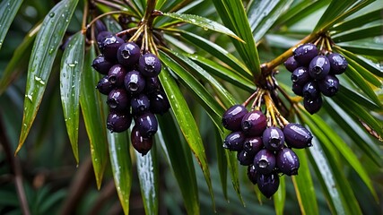 Dark Purple Saw Palmetto Berries with Dew Drops Amidst Spiny Green Foliage