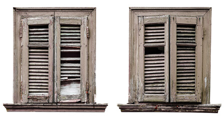 Fototapeta premium old weathered closed wooden windows collection isolated on white background