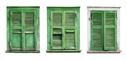collection old weathered closed wooden windows in green color isolated on white background