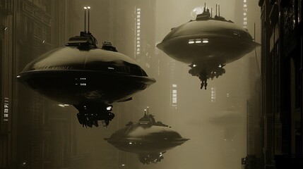 Futuristic flying vehicles hover over a sepia-toned city.