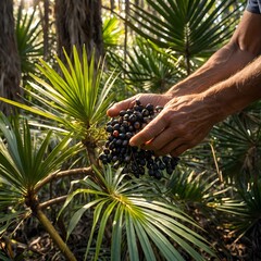 Harvesting Ripe Saw Palmetto Berries: Hand-Picking in the Soft Sunlight of the Wild