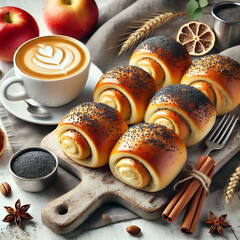 A cup of delicious coffee with fresh delicious homemade pastries, poppy seed buns with cinnamon sticks.