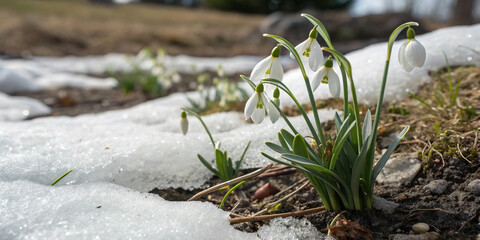snowdrops in snow, first flowers growing from snow winter, renewal of life, Easter springtime, new hope concept
