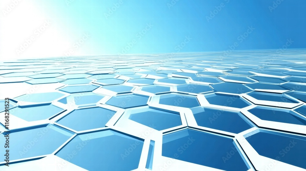 Poster a stylized hexagonal pattern with a blue gradient background, suggesting a modern design.