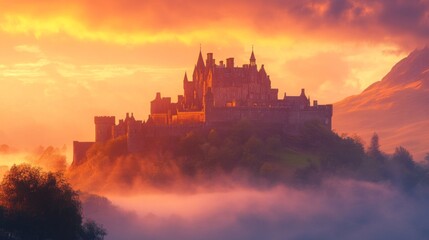 Obraz premium A majestic castle rises above the fog amidst a beautiful sunset. Its silhouette evokes a sense of mystery and wonder. Perfect for fantasy themes or historical settings. Generative AI