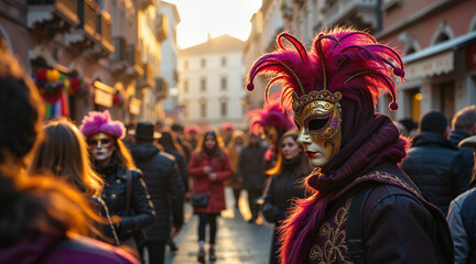 Enchanting scene of Venetian Carnival with masked revelers and festive atmosphere at sunset