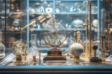 A collection of antique scientific instruments, including orreries, globes, and telescopes, displayed in a glass case.
