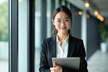 Confident Businesswoman Holding Tablet in Modern Office Setting, Perfect for Business Marketing or Professional Branding