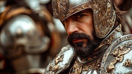 A fierce warrior stands in ornate armor with a determined gaze. His presence embodies strength and courage in battle. This image captures timeless valor. Generative AI