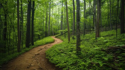 Obraz premium A peaceful forest with a dense canopy of green leaves and a winding hiking trail