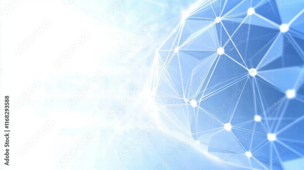 Poster Abstract blue digital network representation with geometric shapes and connections.