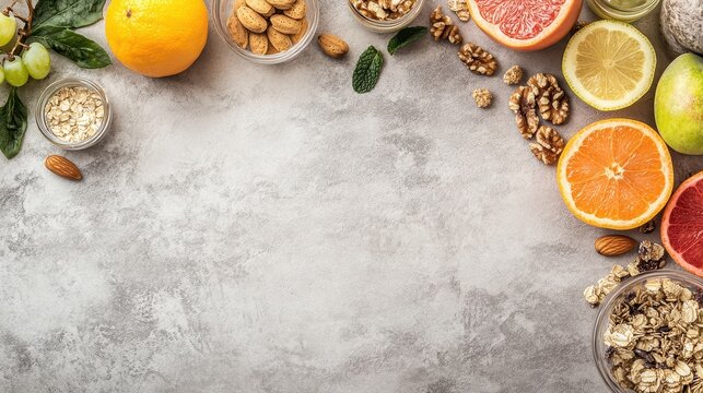 Healthy snacks like nuts, granola, and fruit arranged on a table for a wellness brand ad
