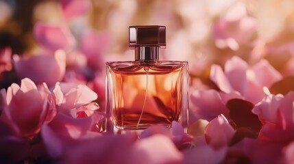 385. Close-up of a luxury perfume bottle surrounded by fresh petals for a fragrance ad