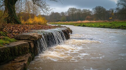 A serene river flows gently over a waterfall creating a tranquil scene. The lush greenery and soft light enhance the beauty of nature. Explore this peaceful setting. Generative AI