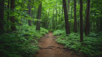 Fototapeta premium A peaceful forest with a dense canopy of green leaves and a winding hiking trail