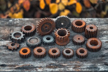 Collection of rusty metal gears on aged wood with blurred autumn leaves background.