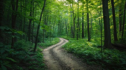 Fototapeta premium A peaceful forest with a dense canopy of green leaves and a winding hiking trail