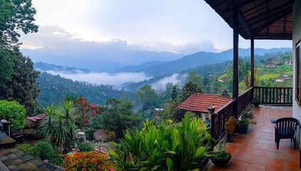 A stunning wooden cabin perched on a mountain overlooking a lush green valley, perfect for a peaceful getaway.