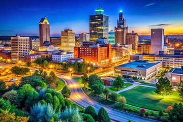Fototapeta premium Akron Ohio Downtown Skyline Panoramic View at Night - High Resolution Stock Photo