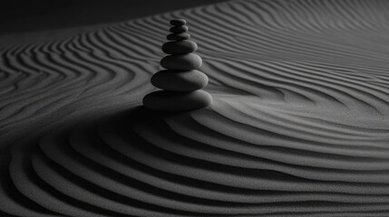 Naklejka premium Raked sand creating linear patterns with a center focus of stones stacked in balanced symmetry.