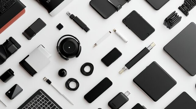 Flat lay of various tech accessories including cables, power banks, and headphones for a tech product ad
