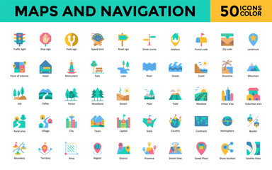 Maps and Navigation icon set with traffic light, stop sign, yield sign, speed limit, road sign, street name, address, postal code, zip code, landmark icon. Simple flat color vector 
