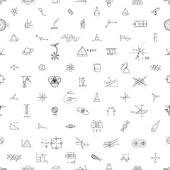Seamless Pattern Science line hand drawn symbols. Geometric icons and formulas of important science technology theories. Vector illustration for background.