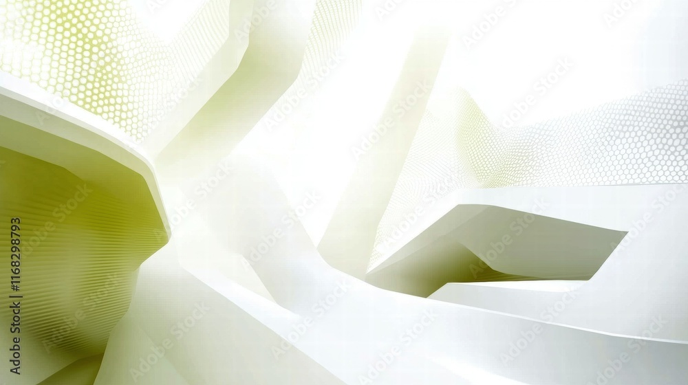 Poster abstract white and light green geometric shapes creating a futuristic atmosphere.