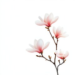 Obraz premium a flowering magnolia tree, delicate blossoms, pastel painting, light pink and white tones, isolated on white background