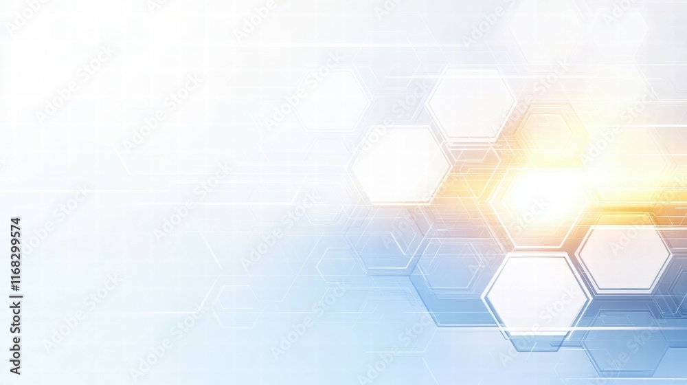 Poster Abstract hexagonal background with light effects, suitable for technology or business themes.